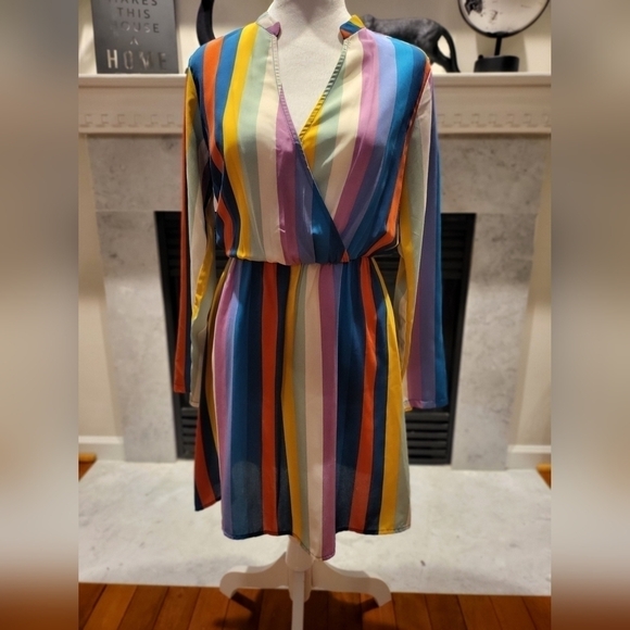 All In Favor Long Sleeve Multicolor Striped V neck Mini Dress - Picture 4 of 4